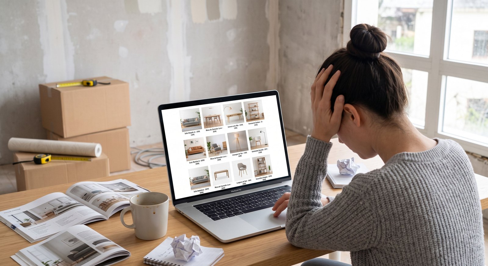 Buscando muebles online, abrumada, en un salón a medio pintar